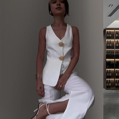 2 Teile/satz Damen Anzug Weste Hosen Set V-Ausschnitt Doppelknopfverschluss Ärmellose Weste Hohe Taille Einfarbige Hose OL Pendeln Business-Outfit
