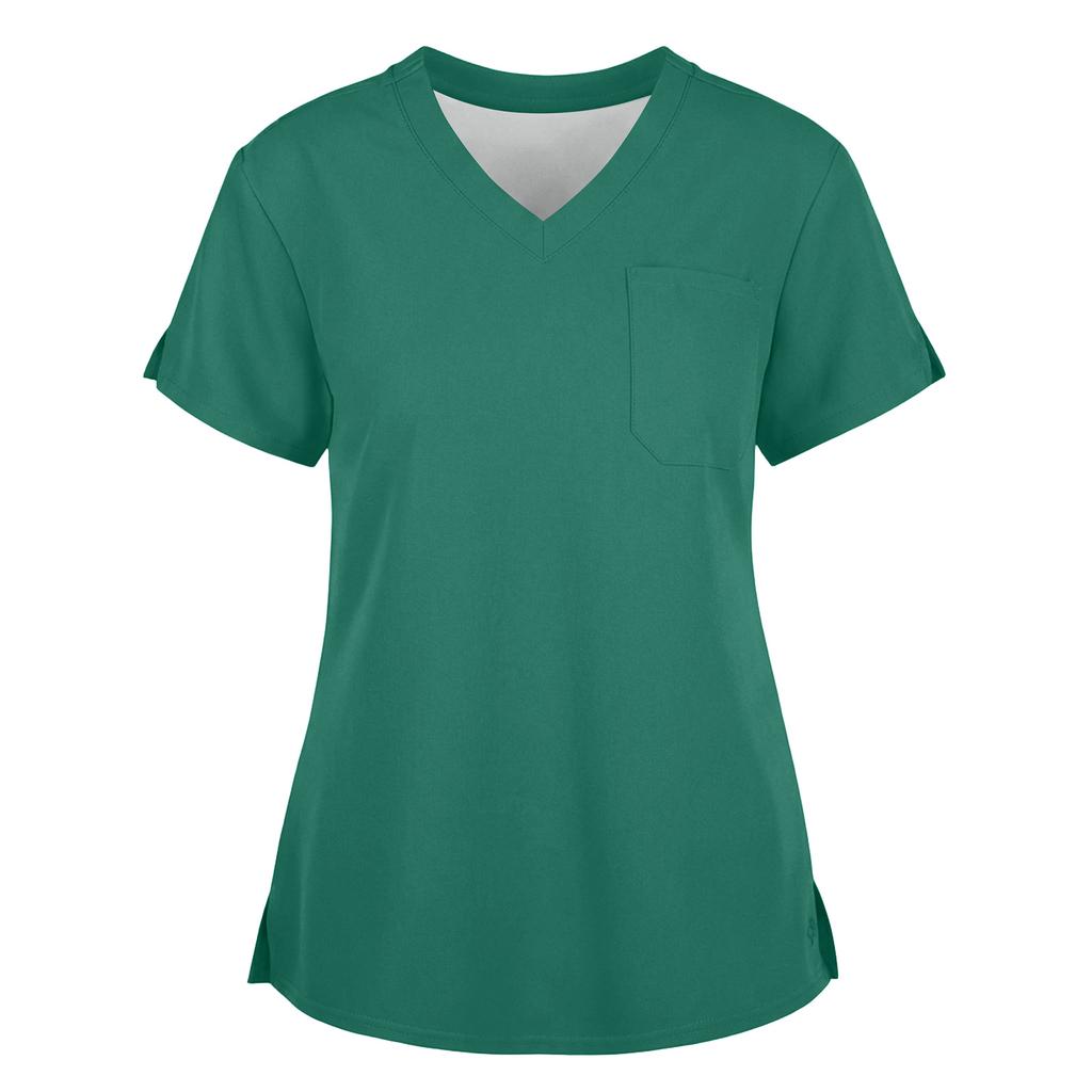 Women's Fashionable Loose-Fit Short-Sleeve V-Neck Workwear Blouse With Slit And Pockets
