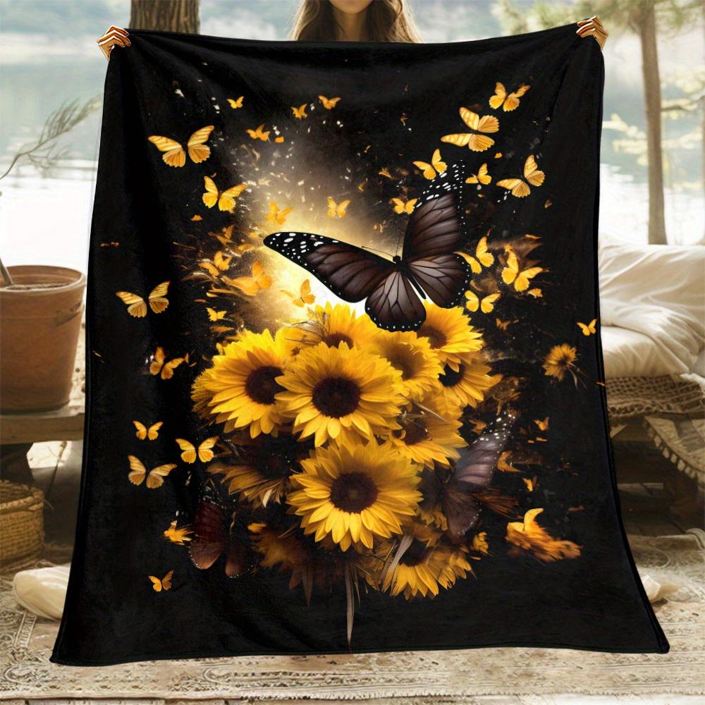 [Lightweight Blanket] 1pc Lightweight Portable Blanket - Sunflowers and Butterflies Print Flannel Throw | Digital Printing