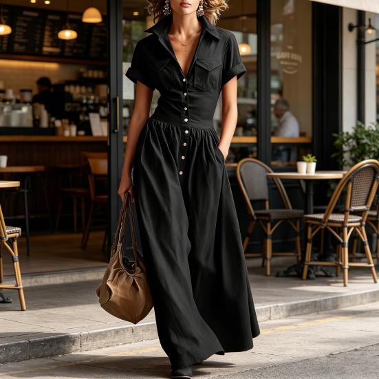 Women Casual Button Down Shirt Dress, Short Sleeve Long Western Cowgirl Dress, Summer Flowy A-Line Maxi Dress with Pockets