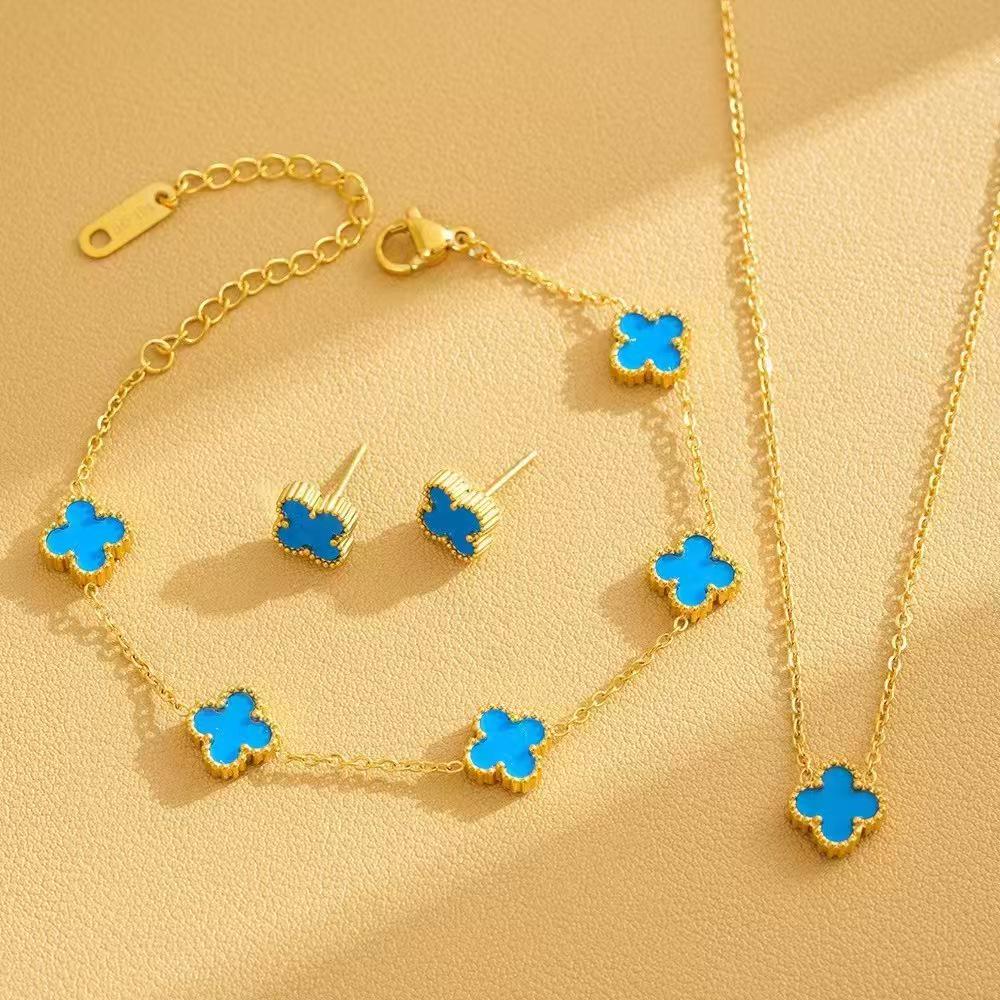 9mm Double-Sided Four-Leaf Clover Necklace & Bracelet Set: Titanium Steel, Light Luxury, Fashionable Collarbone Chain for Women