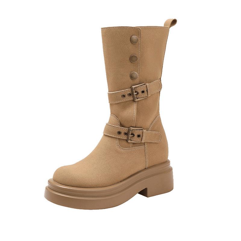 Inner Heightening Martin Boots Women's New Autumn and Winter Velvet Retro Two-wear Medium Boots Thick-soled Small Short Boots
