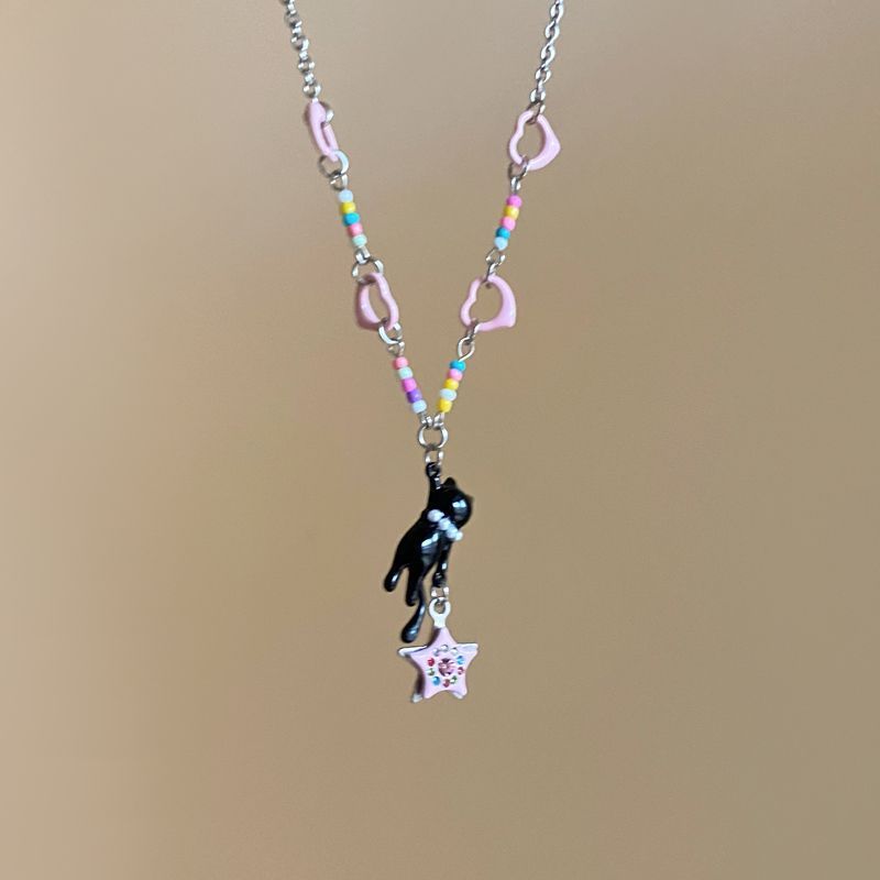 New Black Cat Pink Love Necklace That Steals Stars, Summer Female Y1k Dopamine Sweet and Cool Babes Beaded Neck Chain.
