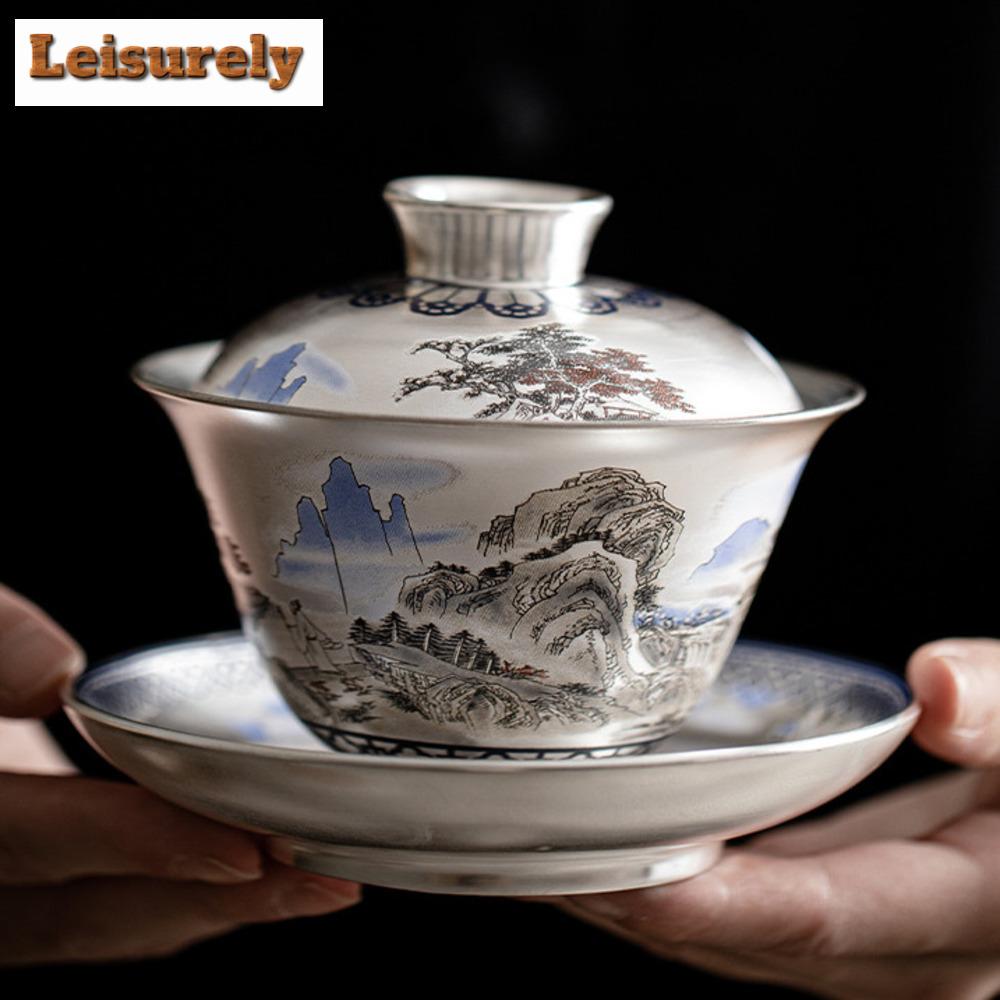 150ml Top Grade Distant Hills Gaiwan Elegant Gilt Silver Anti Scalding Tea Tureen Tea Brewing Cover Bowl Teaware Supplies Craft