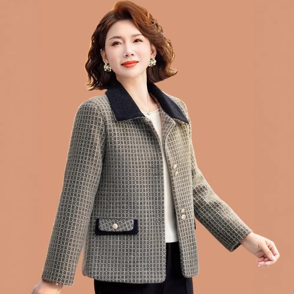 Mid-aged Women's Spring Plaid Woolen Coat - Stylish Lapel Top for Middle-aged & Elderly
