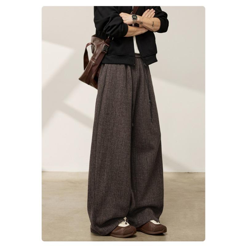 Mens Loose Retro Casual Drooping Straight Long Imitation Wool Trousers