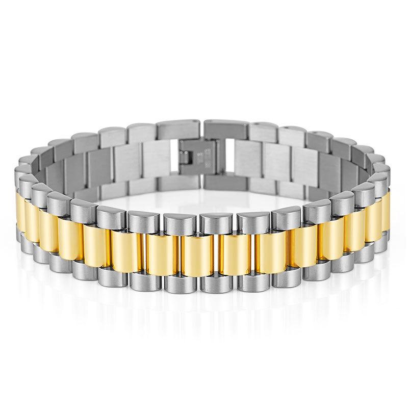 15mm Gold Stainless Steel Men's Watch Band Bracelet - Adjustable Titanium Steel Jewelry