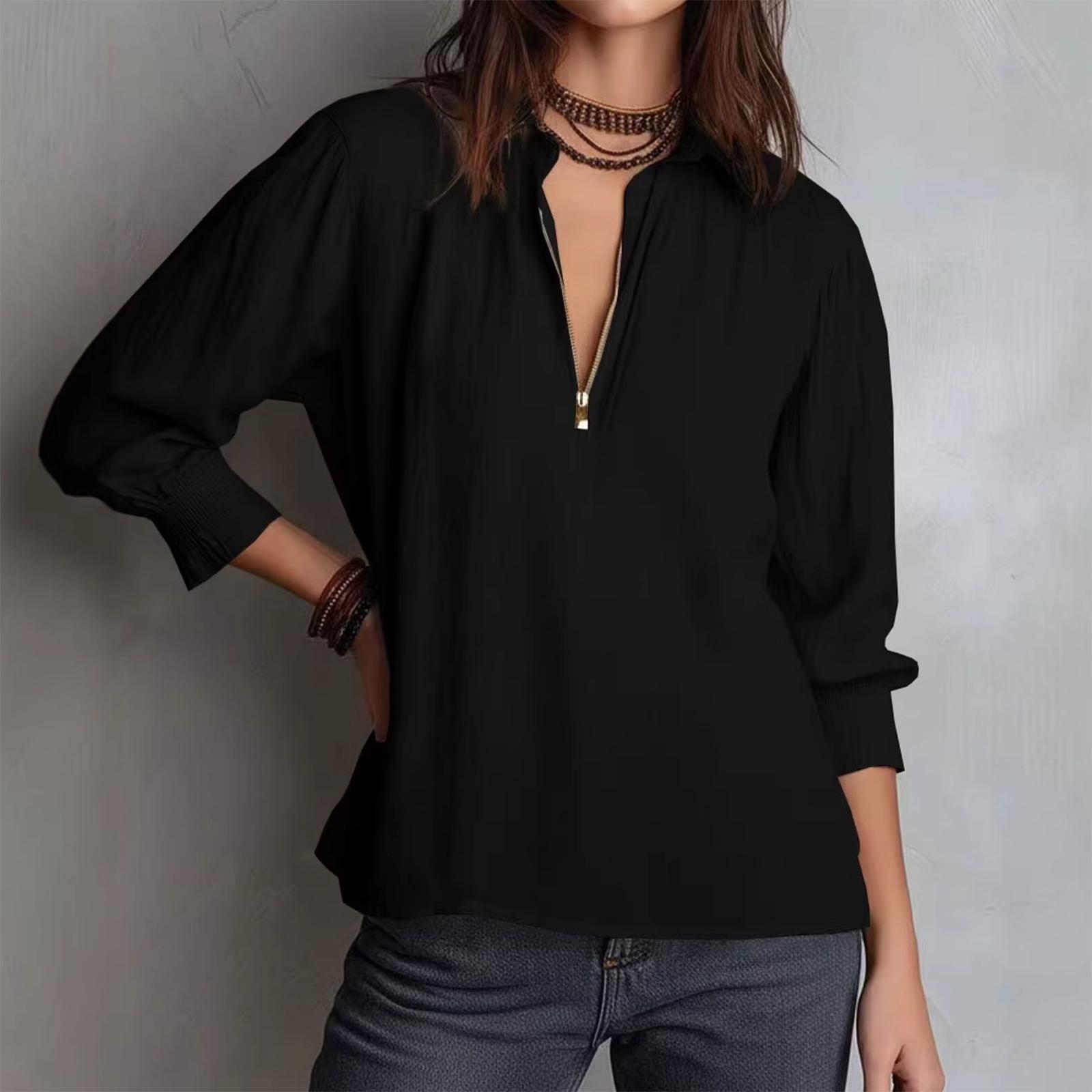 Women s Fashion Color Flared Lapel Zipper Cotton-Linen Loose Shirt Top S чёрный