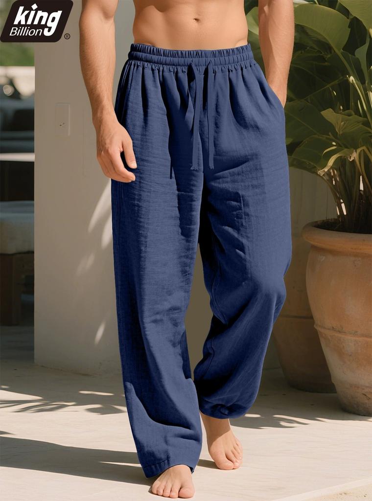 Men's Linen Blend Casual Pants — Elastic Drawstring Waist, Loose Straight Leg, Breathable Summer Trousers In Black