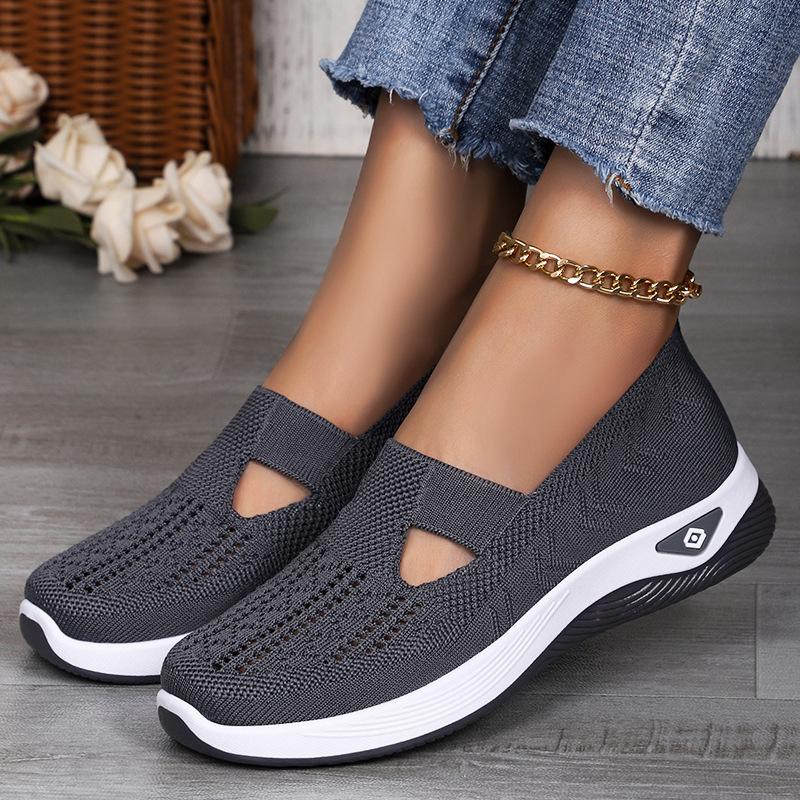 Women's Comfortable Breathable Knitted Sneakers Walking Soft Cut-Out Shoes for Women Office Work Platform Flats Slip On Tennis Shoes Casual Loafers