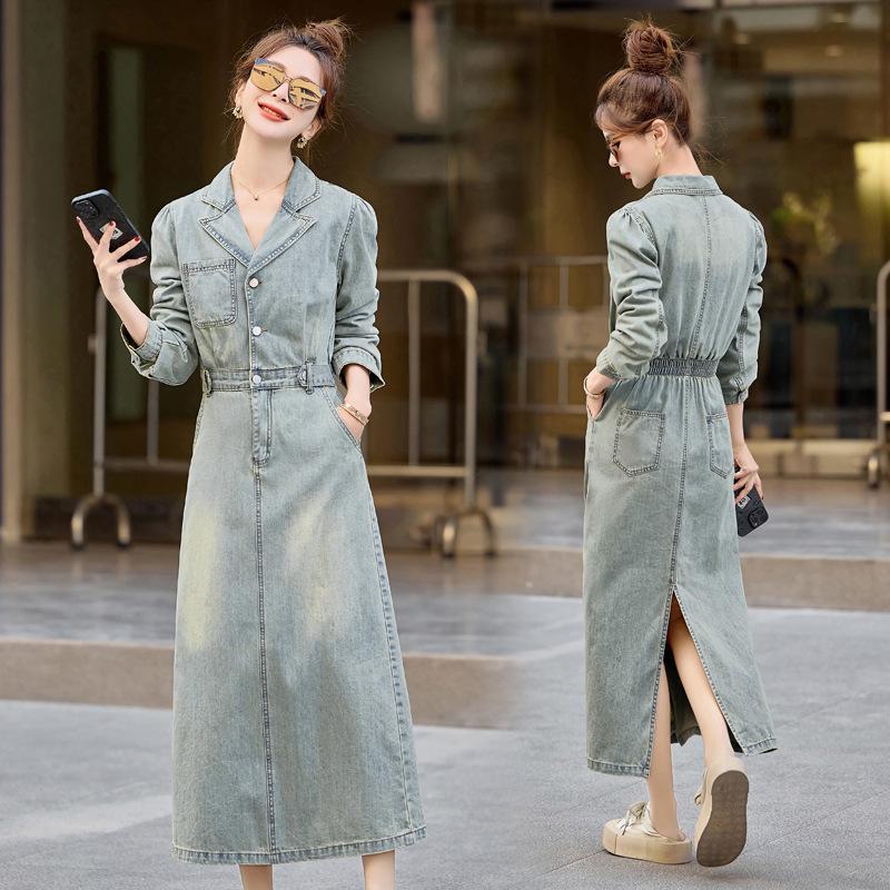 

Весеннее джинсовое платье 2025 в стиле ретро с длинным рукавом и полуэластичной талией XL 118-130 lbs