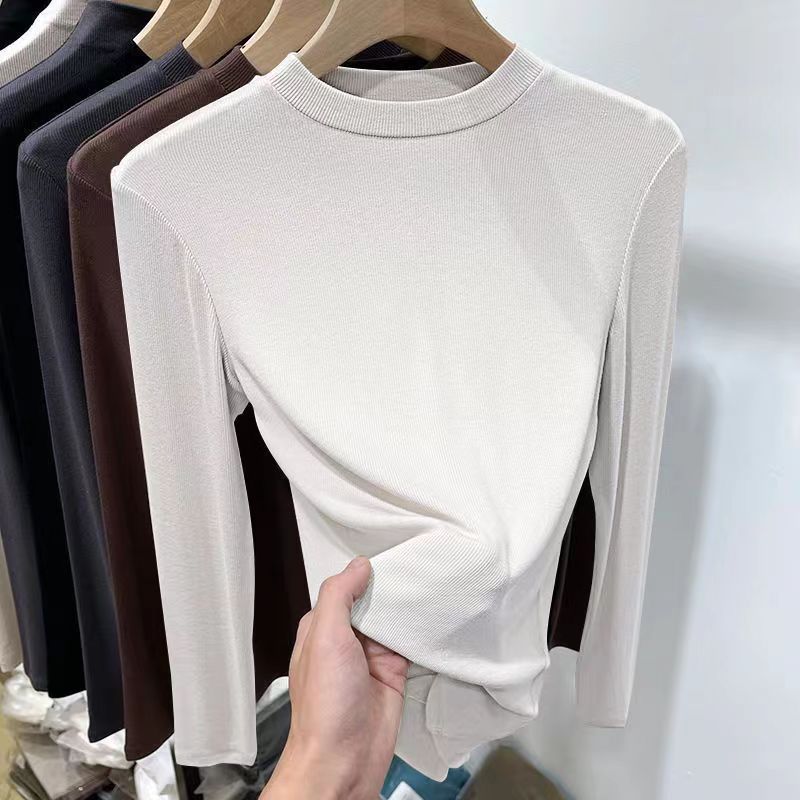 Herbst Winter Neue Modische Stilvolle Deutscher Samt Stehkragen Innen Weiß Basis Hemd Damen Slim Fit Langarm T-Shirt Top