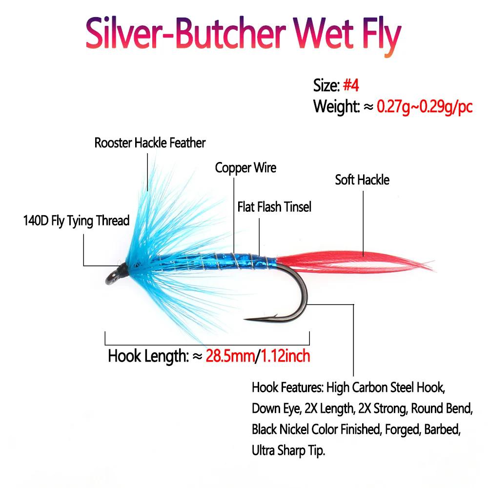 Bimoo 4# Blue Red Silver-Butcher Fly Rooster Hackle Realistic May Fly Adult Nymph for Trout Grayling Fishing Lures