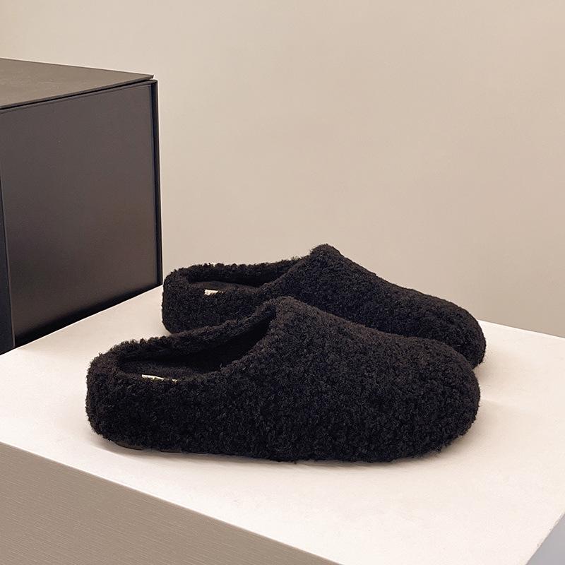 2025 autumn and winter new thick-soled fluffy slippers women's outer wear bag head plush one pedal lazy shoes cotton slippers