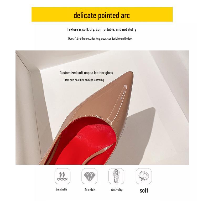 Women's Black Patent Leather Pointed Stiletto Heels - Red Bottom, Small Size, French Style