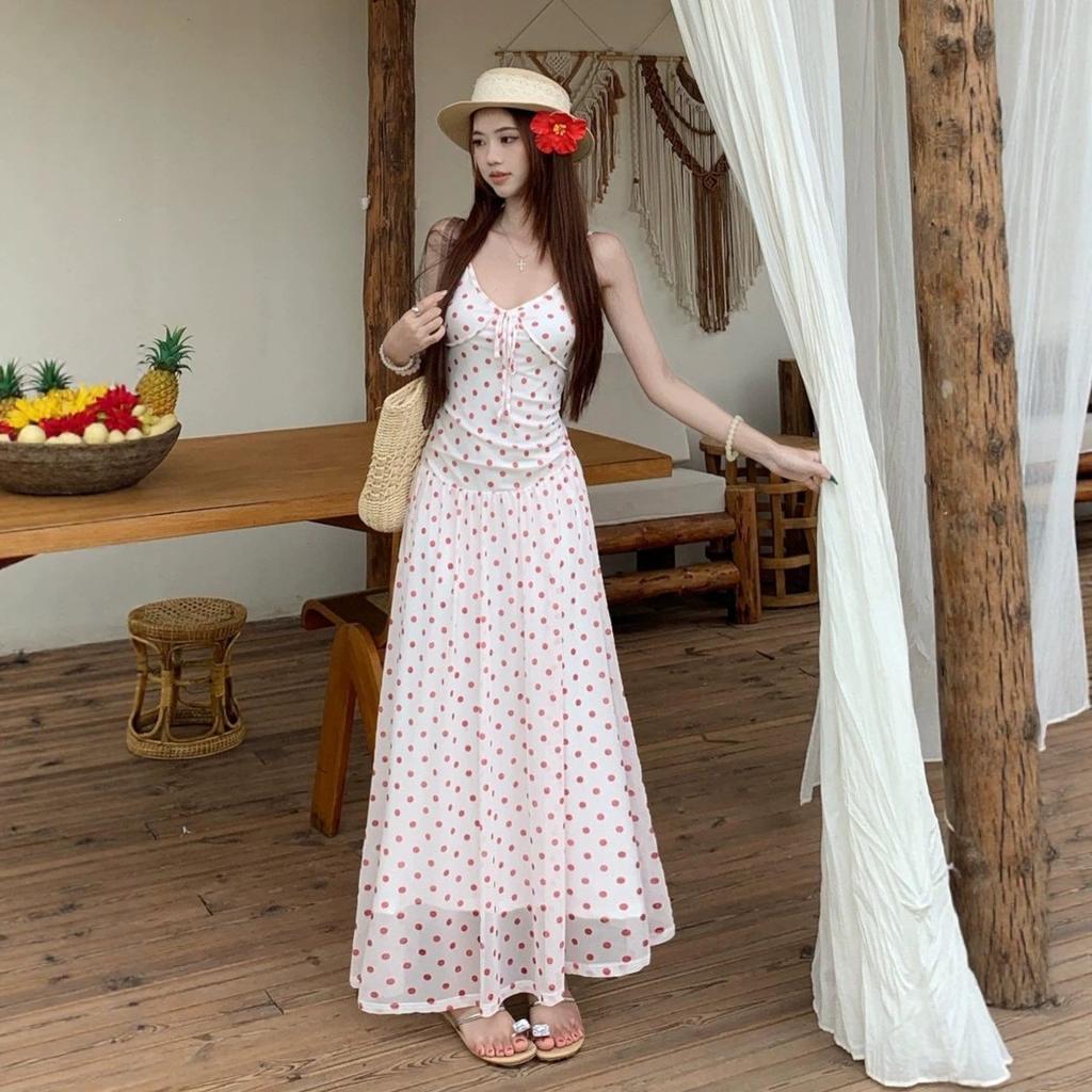 French Red Polka Dot Suspender Dress Women's Summer New Chic and Thin A-shaped Skirt Slim Holiday Dress