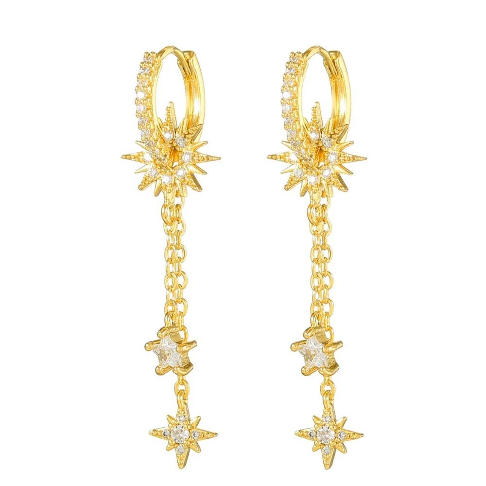 Vintage Stainless Steel Cubic Zirconia Sun Star Dangle Earrings Punk Rock Long Chain Huggies Earring Cartilage Piercing Jewelry