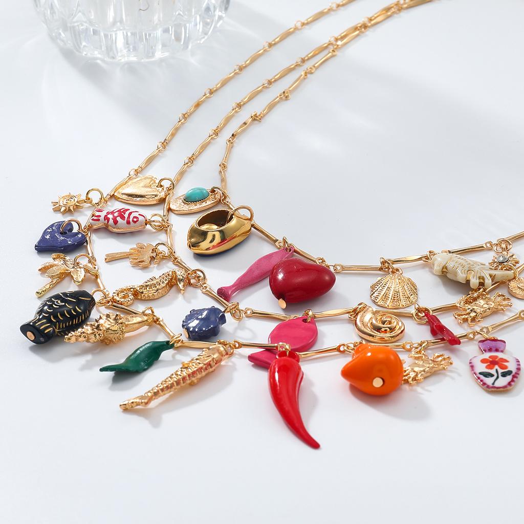 ZAA Personality Irregular Metal Multilayer Heart Chili Fish Pendant Necklaces for Women Vintage Statement Zircon Gifts