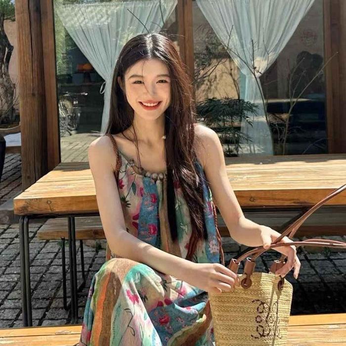 Seaside vacation suspender dress children s summer new French retro floral temperament casual wind beach dress S