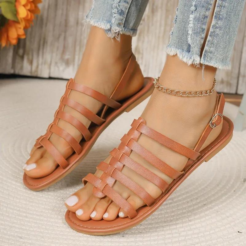Mode Damenmode Sandalen mit weicher Sohle Sommer Neu Runde Zehenpartie Offene Zehenpartie Dünner Riemen Rutschfest Abriebfest Flache Schuhe