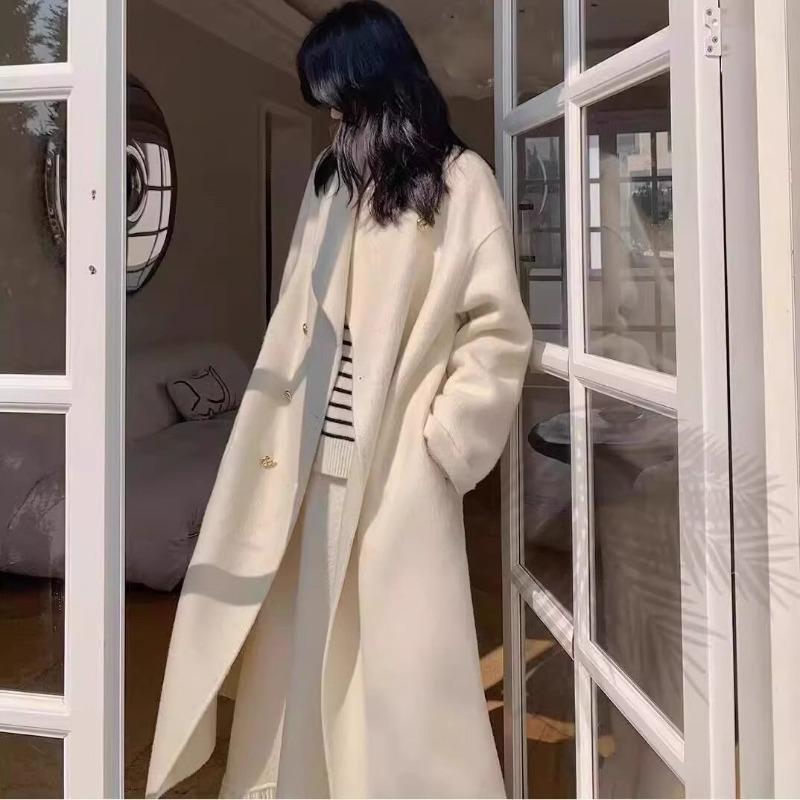 Women Grey Stand Collar Autumn Winter Loose Wool Coat with Double Buttons Clothes