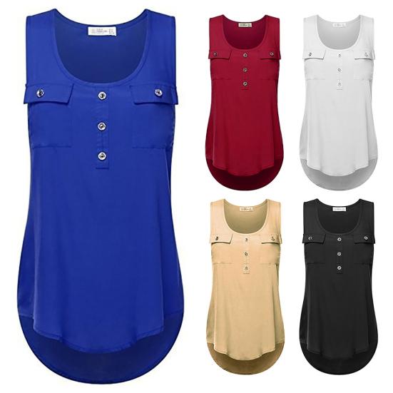 

Женская однотонная круглая шея, без рукавов, карманы, пуговицы, майка, жилет, блузка