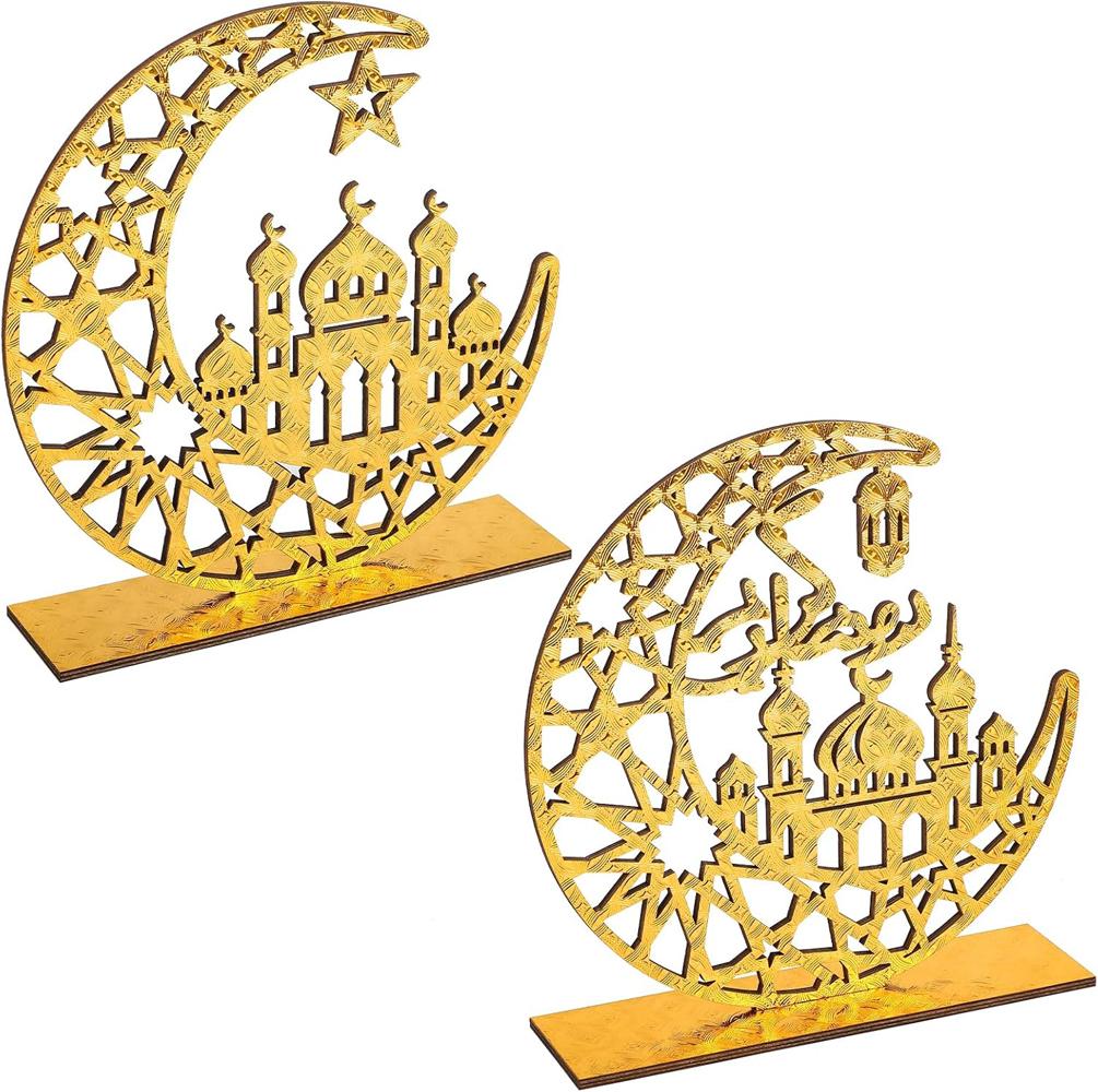 

2pcsWood Ramadan Islamic Eid Mubarak Kareem Tablesign Moon Hollow Star Ornament For Muslim Party Decorative Tabletop Accessories
