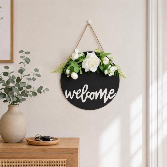 Welcome Sign, with Flower Decor Wear-Resistant Wreath, Front Door Welcome Wreath for Family Friends Co-Workers Garden Balcony