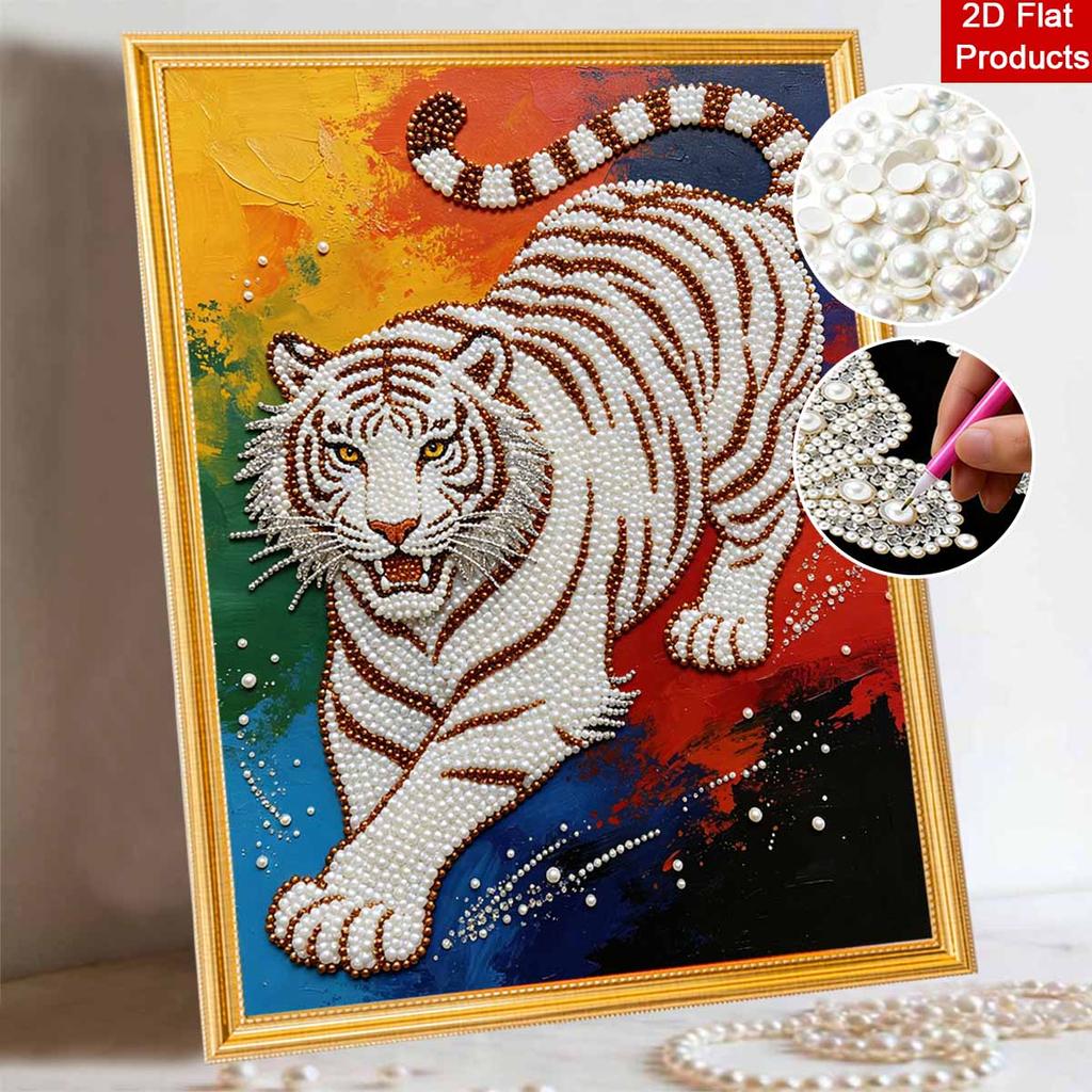 Majestic Tiger Pearl Kit 5D DIY Round Rhinestone Art for Adults Relaxing Handmade Wall Decor Holiday Gift Frameless