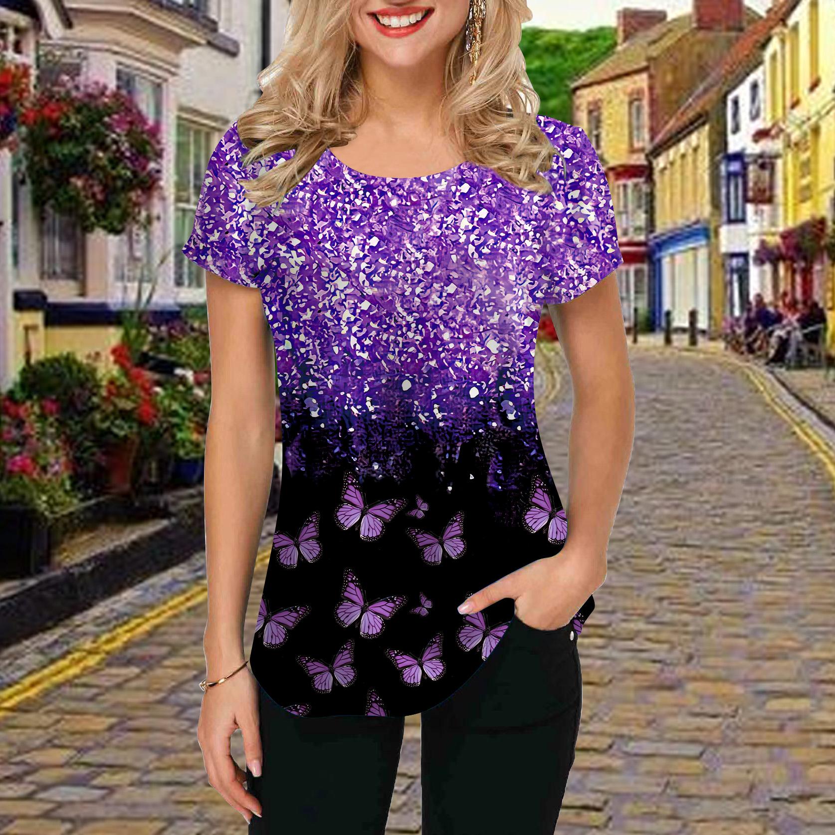 Модная женская футболка с принтом бабочки синего и золотого цвета — фото 2