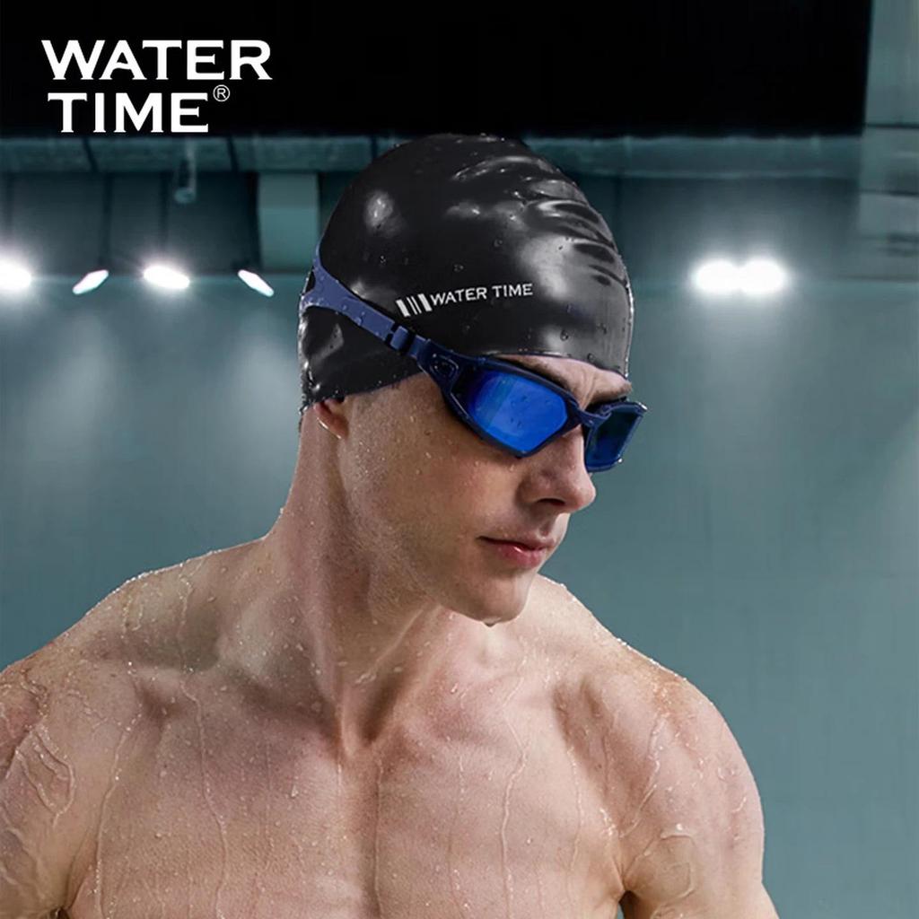 WATERTIME Silicone Swimming Cap, Waterproof, Enlarged, Ear Protection, Black