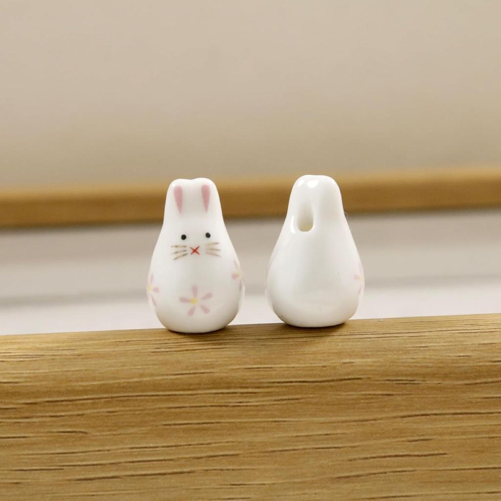 Decoendiy 12Pcs Ceramic Rabbit Bunny Beads, Flower Leaves Printed Beads, Handmade Porcelain Beads, Animal Shaped Beads, Loose Spacer Beads, for