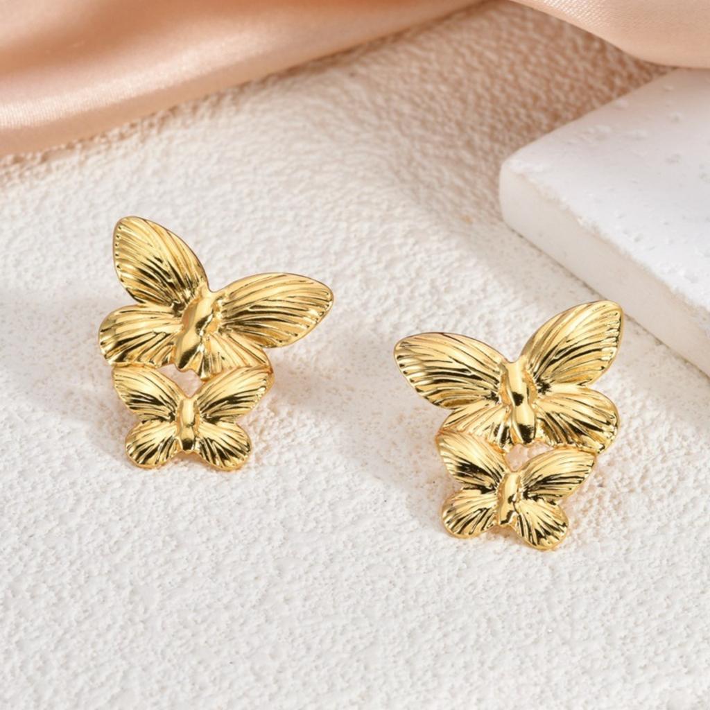 1 Pair Stylish 18K Gold Plated 304 Stainless Steel Ear Post Stud Earrings Heart Flower Butterfly Starfish For Women Gift