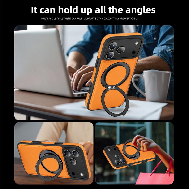 Leather Phone Case For Magsafe iPhone 17 Air 16E 16 15 14 Plus 13 12 Pro Max Magnetic 360 Rotate Metal Holder Stand Back Cover