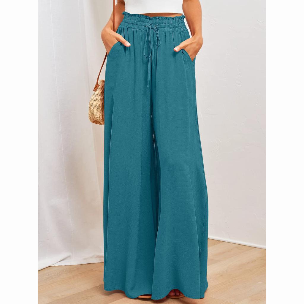 Summer Women's Wide Leg Pants with Elastic Waistband Casual Loose Fashion Trousers