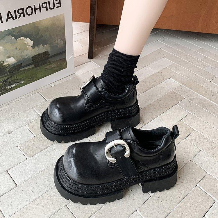 [Ushilai] British Style Big Head Platform Small Leather Shoes Women's 2025 Winter New Metal Buckle Casual Loafers