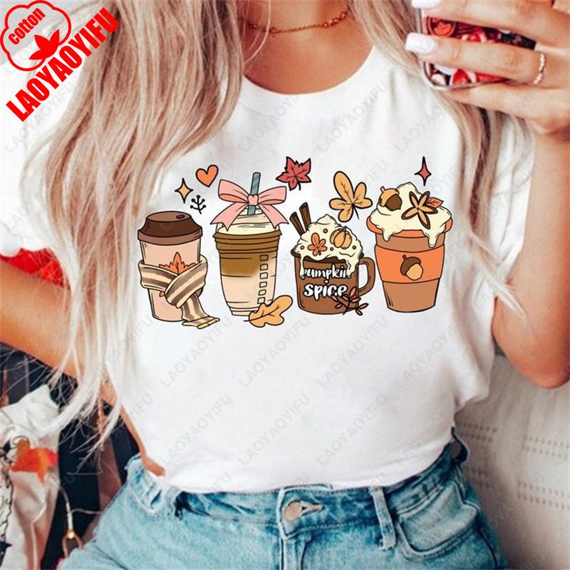 Women Men Cotton Autumn Style Short Sleeved Pumpkin Coffee Fall Pattern Printed Casual Trend Street Fashion Tops Latte Sweet Tee S