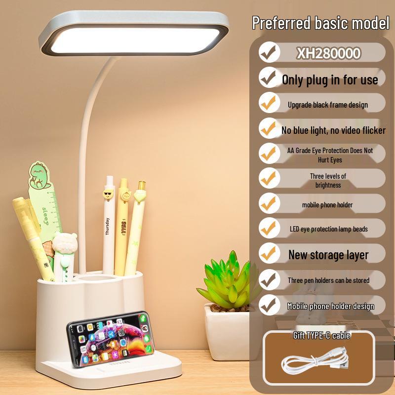 Smart LED Desk Lamp with Eye Protection, Pen Holder, and Bedside Night Light for Students