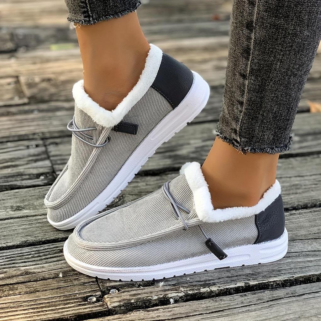 Ladies' Gray Loafers with White Fur Decorati - Comfortable Round Toe Flat Shoes, Comfortable Fabric Lining, Covering The Sole, Comfortable In Winter