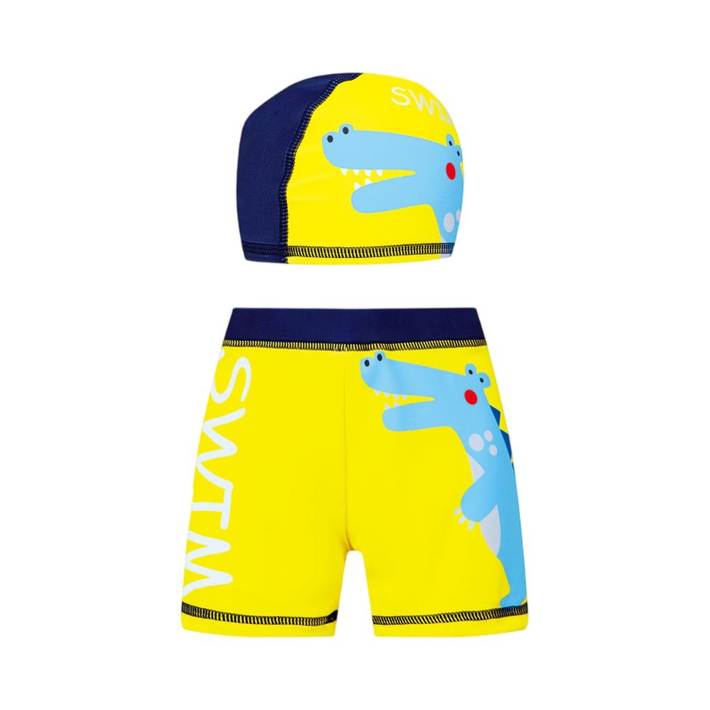 Kids Waterproof Swim Trunks with High Elasticity Four Corner Design and Matching Swim Cap Suitable for Summer Swimming Activities
