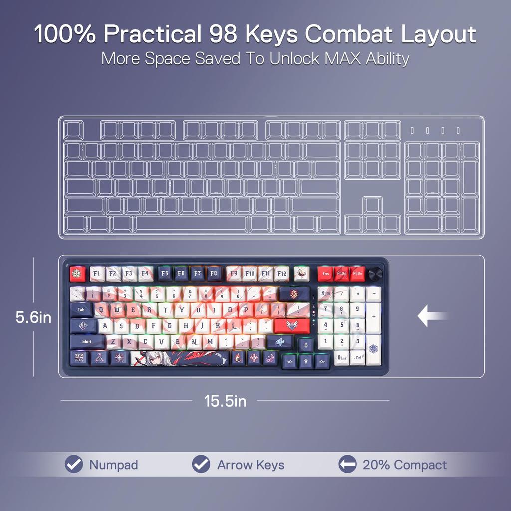 Redragon K686 PRO SE 98-Key Wireless Gasket RGB Gaming Keyboard, 3-Mode Anime Mechanical Keyboard with Hot-Swap Sockets, Dedicated Knob Control &