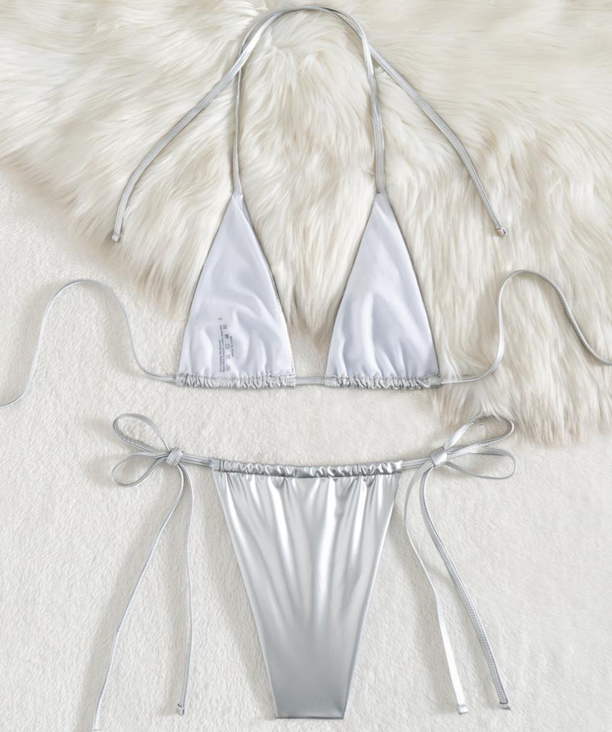 Women's Swimsuits Sexy Solid Color Leather Halter Neck Side Lace Bikini Split Set Beachwear Bathing Suits