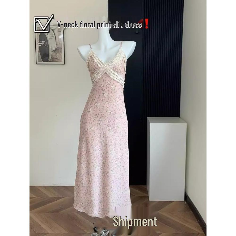 

V-Neck Floral Spaghetti Strap Summer Dress - Slim-Fit Long and Casual, Unique and Beautiful Design S-(up to 45kg)