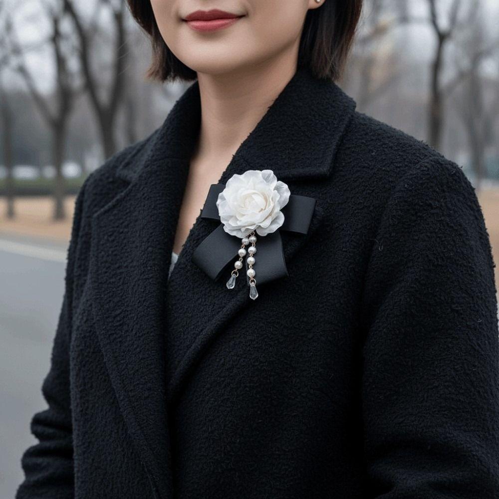 Black Rhinestone Memorial Black Bow Brooch Camellia Vintage Pin  For Funerals and Mourning