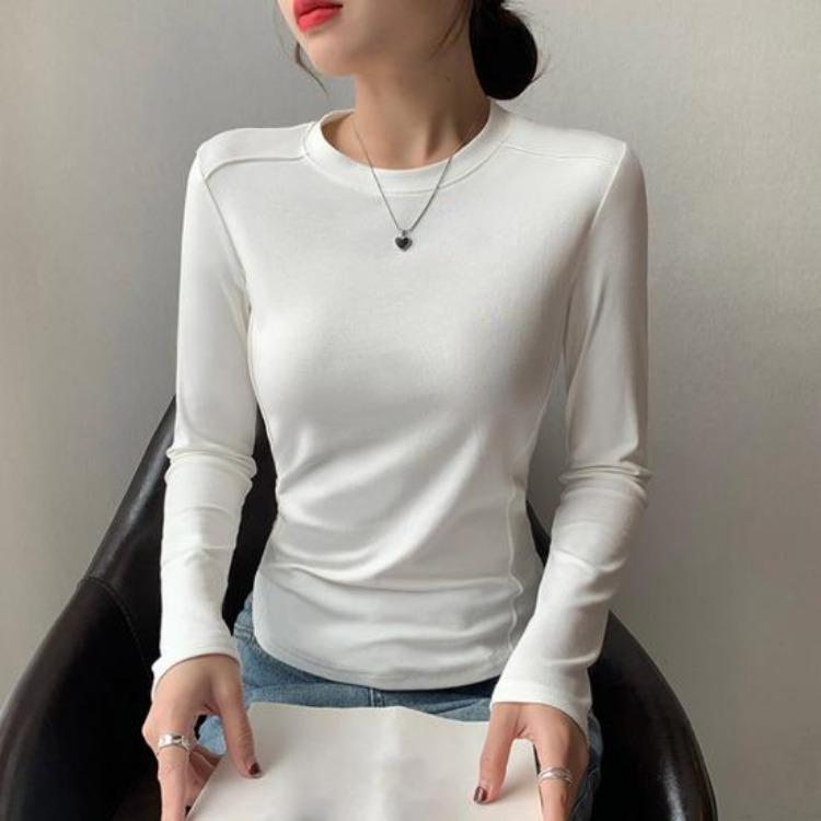Soft Elastic Pullover Tops Women Long Sleeve Round Neck Slim Fit Base Shirt Solid Color Daily Wear Tops