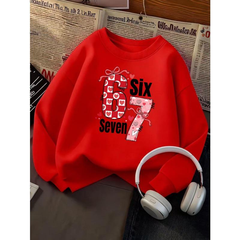 Kids Unisex Sweatshirt, Heart Plaid Bow Number 67 Six Seven Print Long Sleeve Pullover, Cute Birthday Sweatshirt For Boys Girls Kids Over 4 Years Old