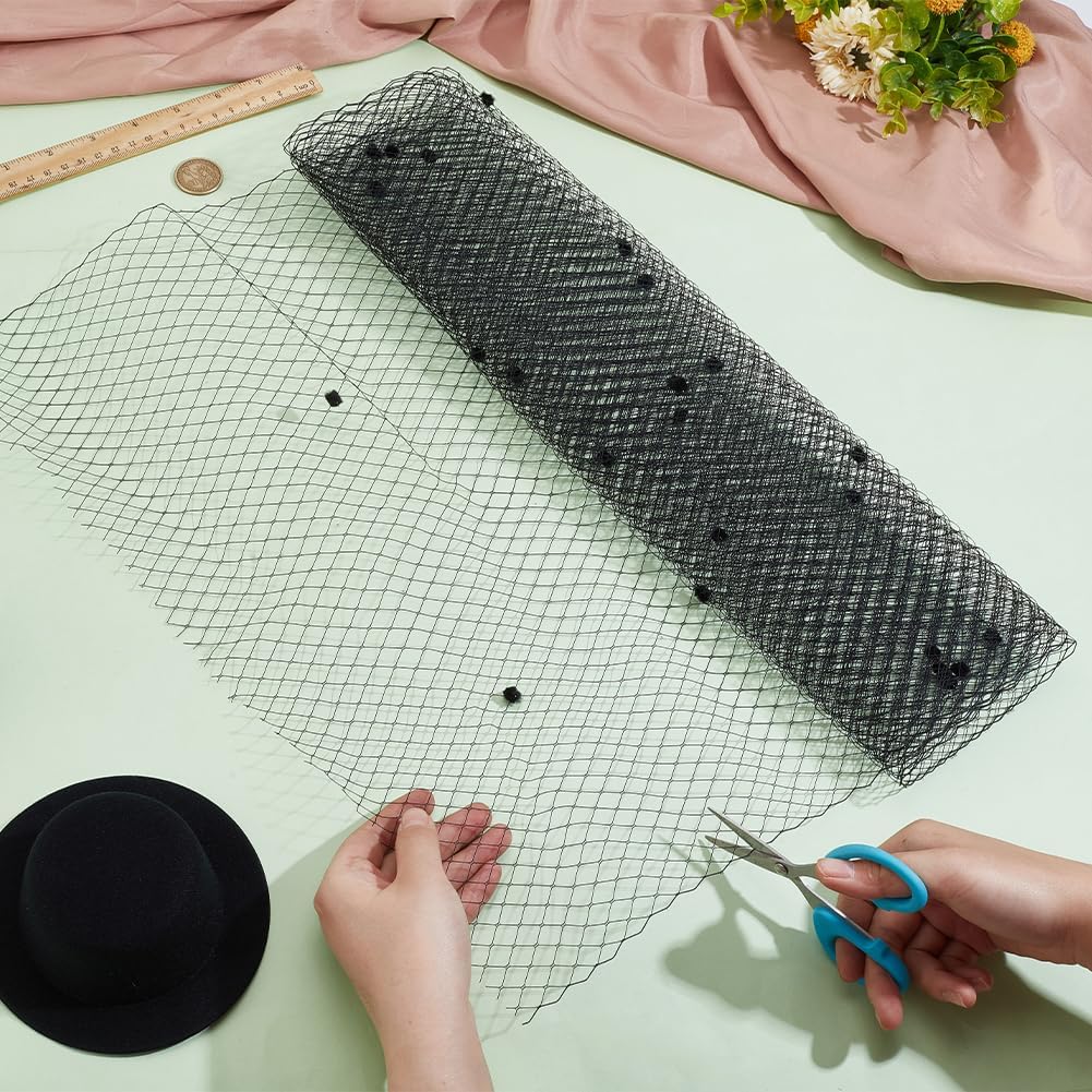 BENECREAT 2.18 Yards Birdcage Veil Netting Fabric, 17.7inch Wide Russian Millinery Netting Organza Tulle Fabric Black Net Mesh Hat Veil for Wedding,
