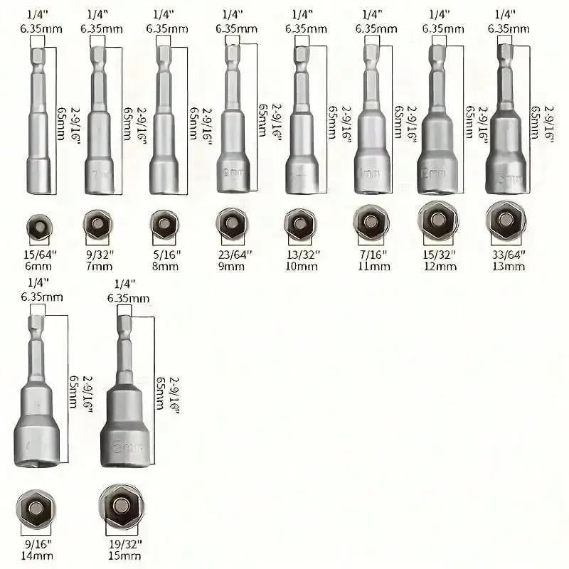 10-14PCS Impact Socket Magnetic Nut Hex Socket Nozzle Screwdriver 1/4 Hex Wrench Set Drill Bit Adapter for Electric Drill Tools