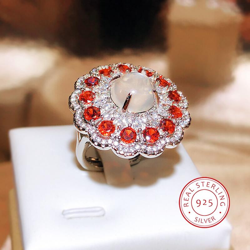 New Imitation Natural Opal Ring For Women  Silver Set Czech Diamond Orange Zircon Ring Party Wedding Jewelry Gift