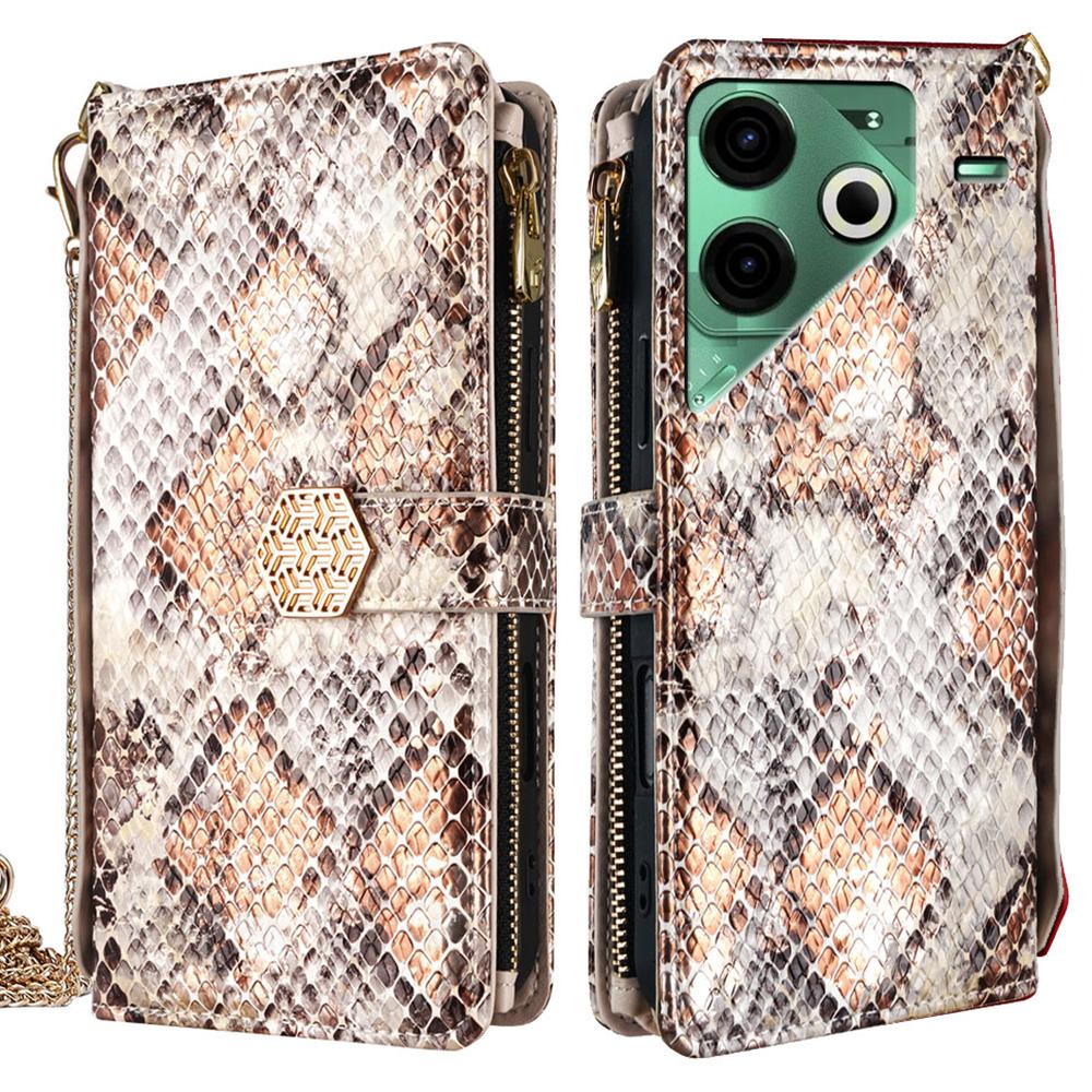 

For TECNO Pova 6 Neo Case Snake Skin Texture PU Leather Phone Wallet Cover with Shoulder Strap White